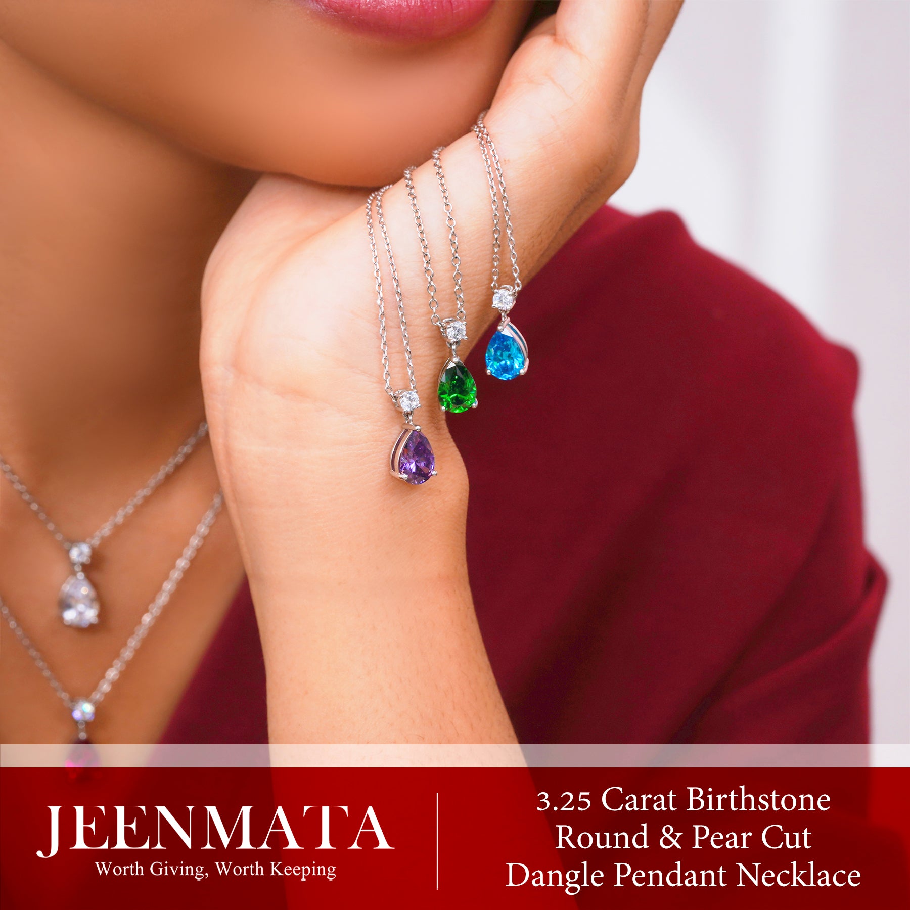 JeenMata 3.25 Carat Garnet January Birthstone - Round and Pear Cut Dangle Pendant Necklace in 18k White Gold Plated for Women