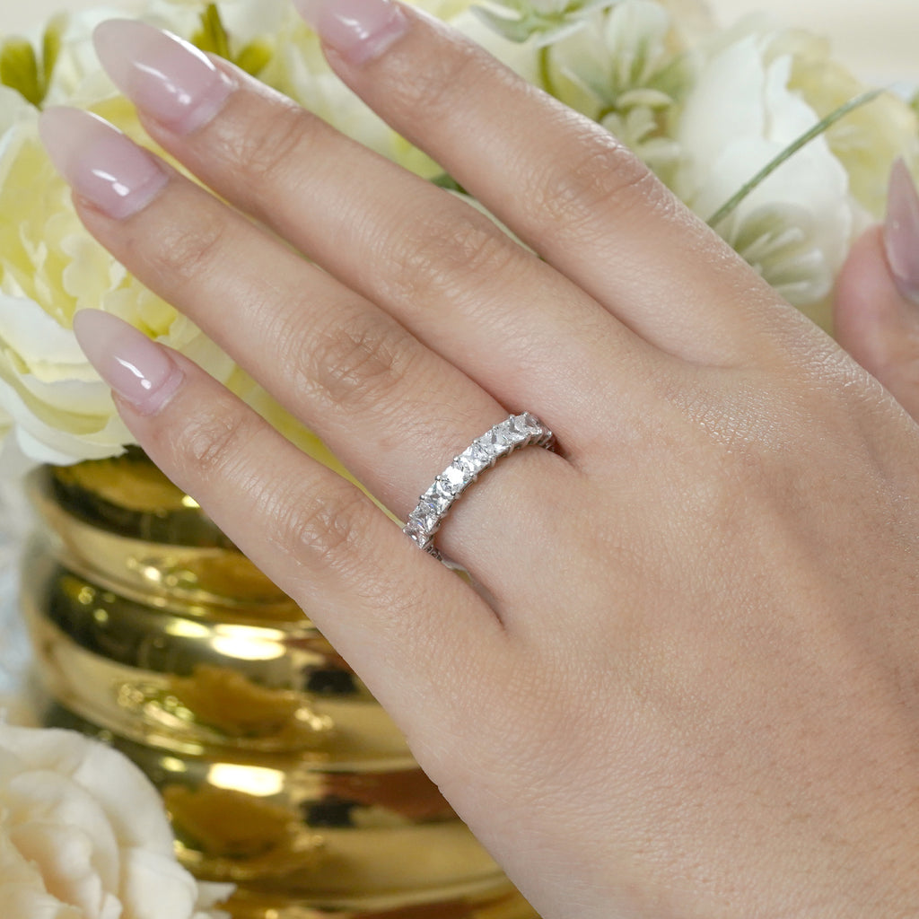 JeenMata 3.5 Carat Princess Cut Moissanite Eternity Wedding Band - Classic Prong Style Wedding Ring in White Gold Plating for Women
