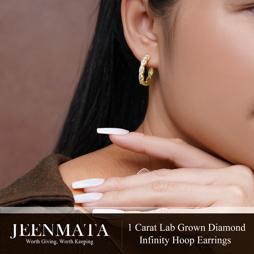 JeenMata Lab Grown Diamond 1.25 Carat Infinity-Inspired Hoop Earrings in 18K Yellow Gold Plating for Women