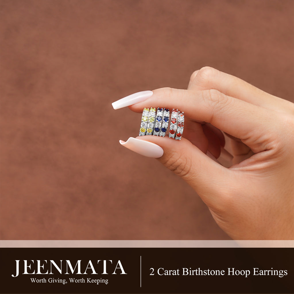 JeenMata 2 Carat December Birthstone - Blue Topaz & Cubic Zirconia Hoop Earrings - Multicolor Birthstone Earrings in 18K White Gold Plating for Women