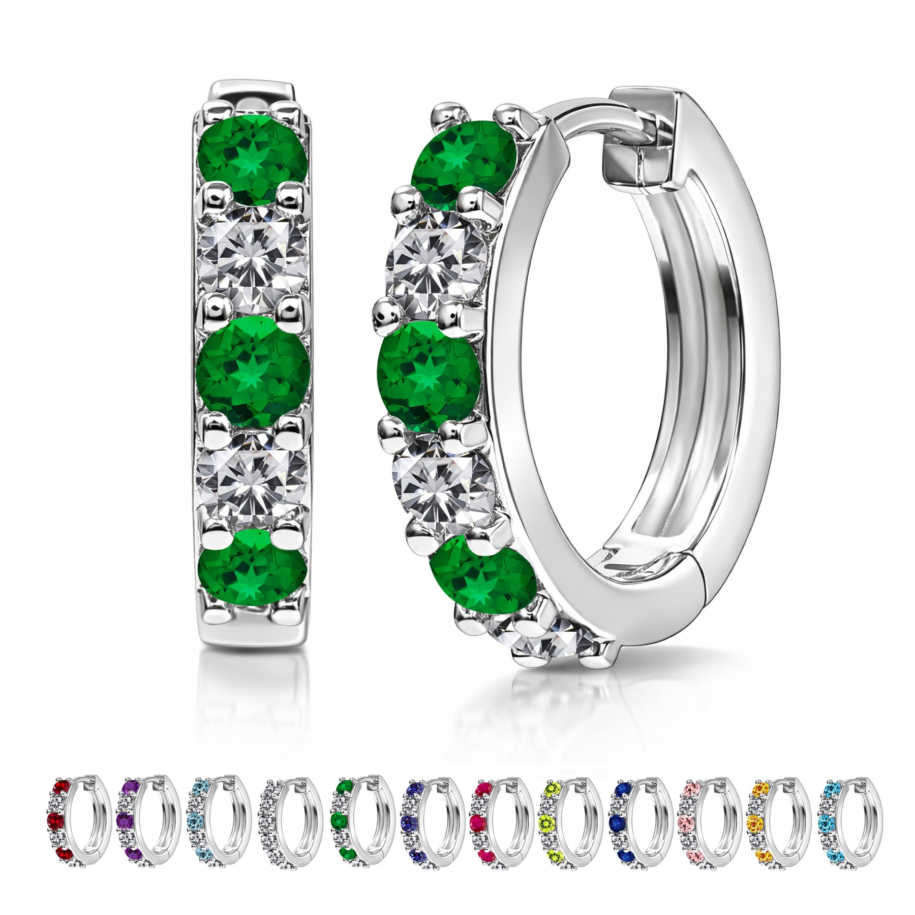 JeenMata 2 Carat May Birthstone - Emerald & Cubic Zirconia Hoop Earrings - Multicolor Birthstone Earrings in 18K White Gold Plating for Women