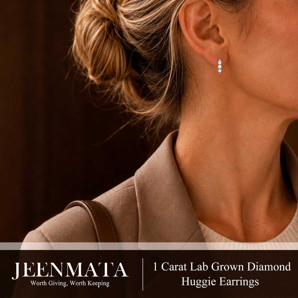 JeenMata 1 Carat Lab Grown Diamond Huggie Hoop Earring - Round Cut Three Stones Huggie Earrings in 18K White Gold Plating for Women, Gift for Her