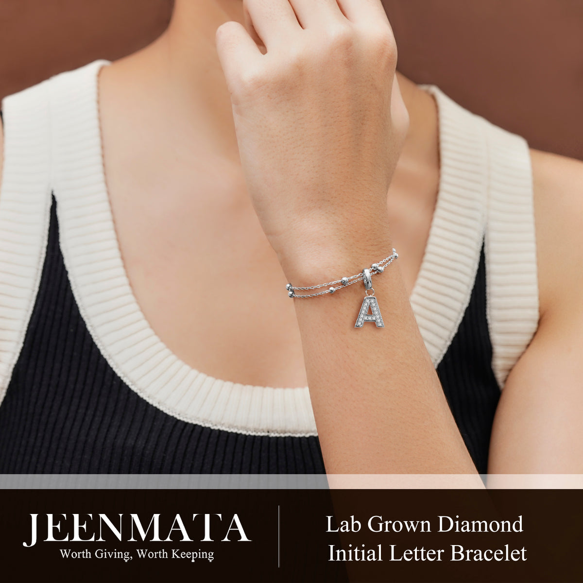 JeenMata Lab Grown Diamond Initial "A" Letter Bracelets - Double Layer Alphabet Jewelry Bracelet - 18K White Gold Plating for Women Jewelry