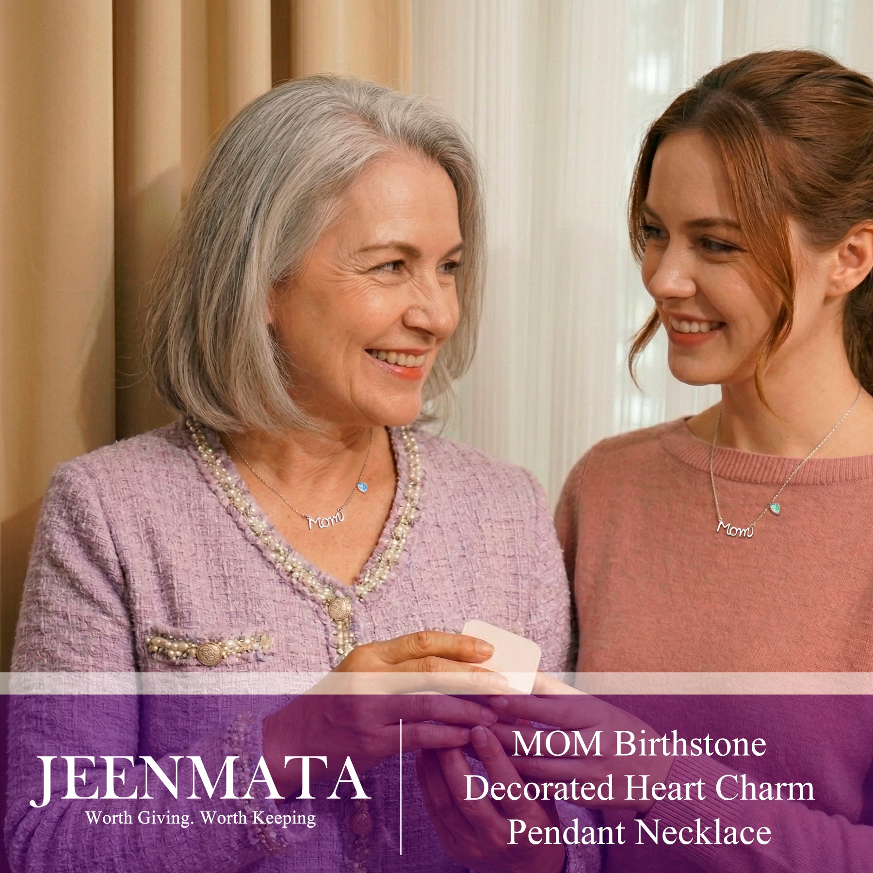 JeenMata Mom Pendant - Garnet January Birthstone Decorated Heart Charm Pendant Necklace in 18K White Gold Plating, Mother's Day, Gift for MOM