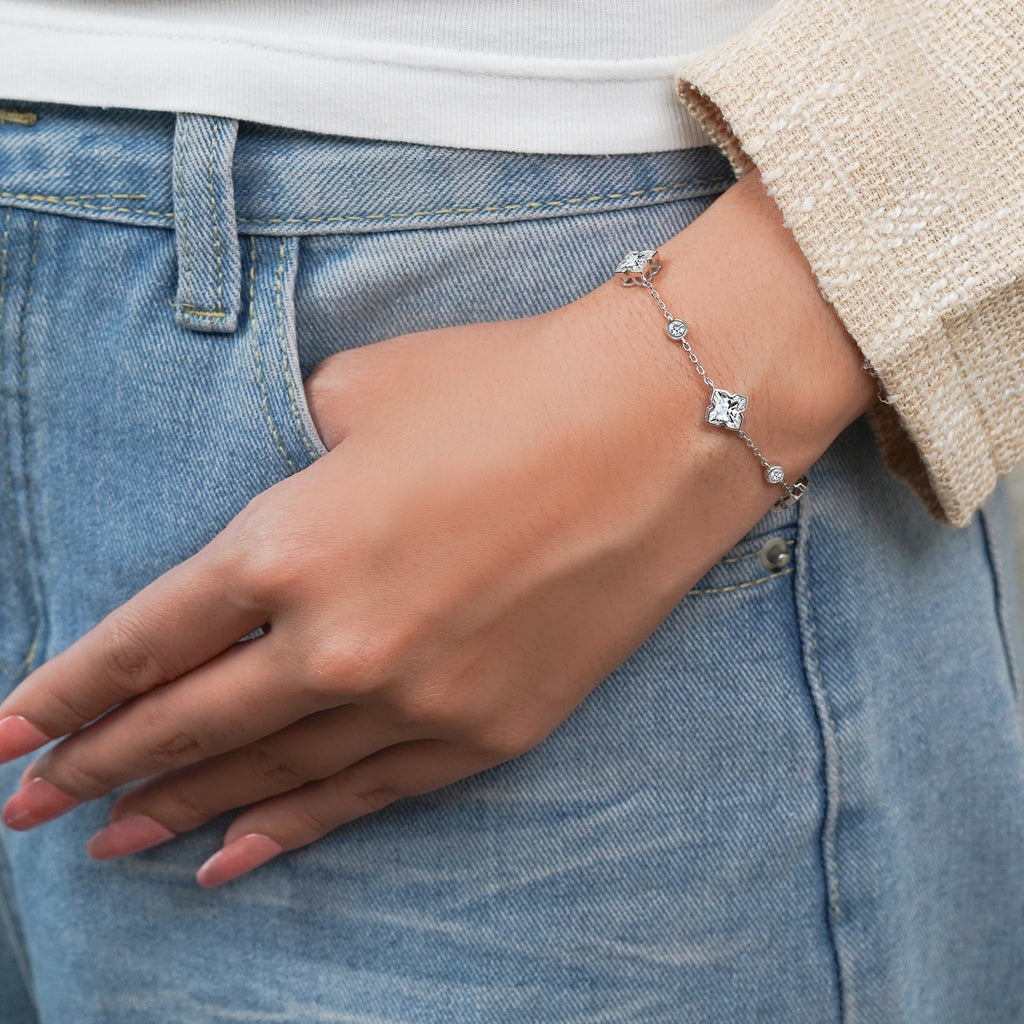 JeenMata 3 Carat Flower Design Moissanite Bracelet - Clover link Bracelet in 18K White Gold Plating for Women