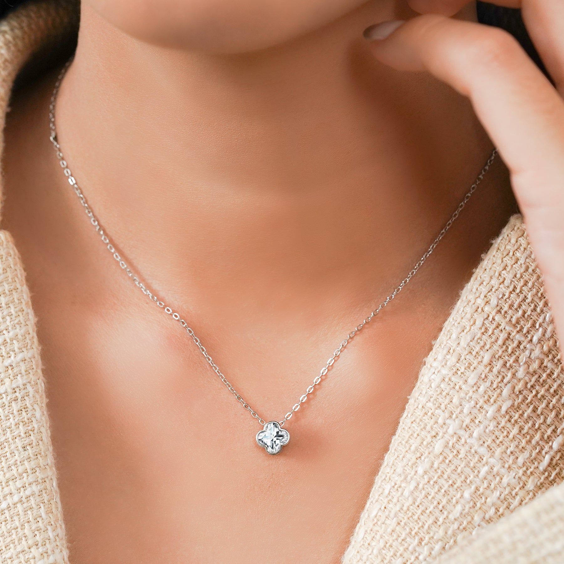 JeenMata 1 Carat Flower Cut Moissanite Pendant - Danity Clover Design Necklace in 18K White Gold Plated for Women