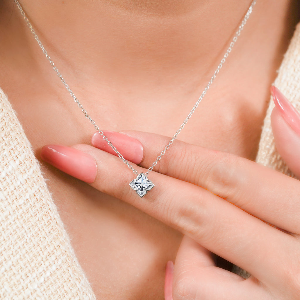JeenMata 1 Carat Flower Cut Design Moissanite Pendant - 18K White Gold Plating Necklace for Women