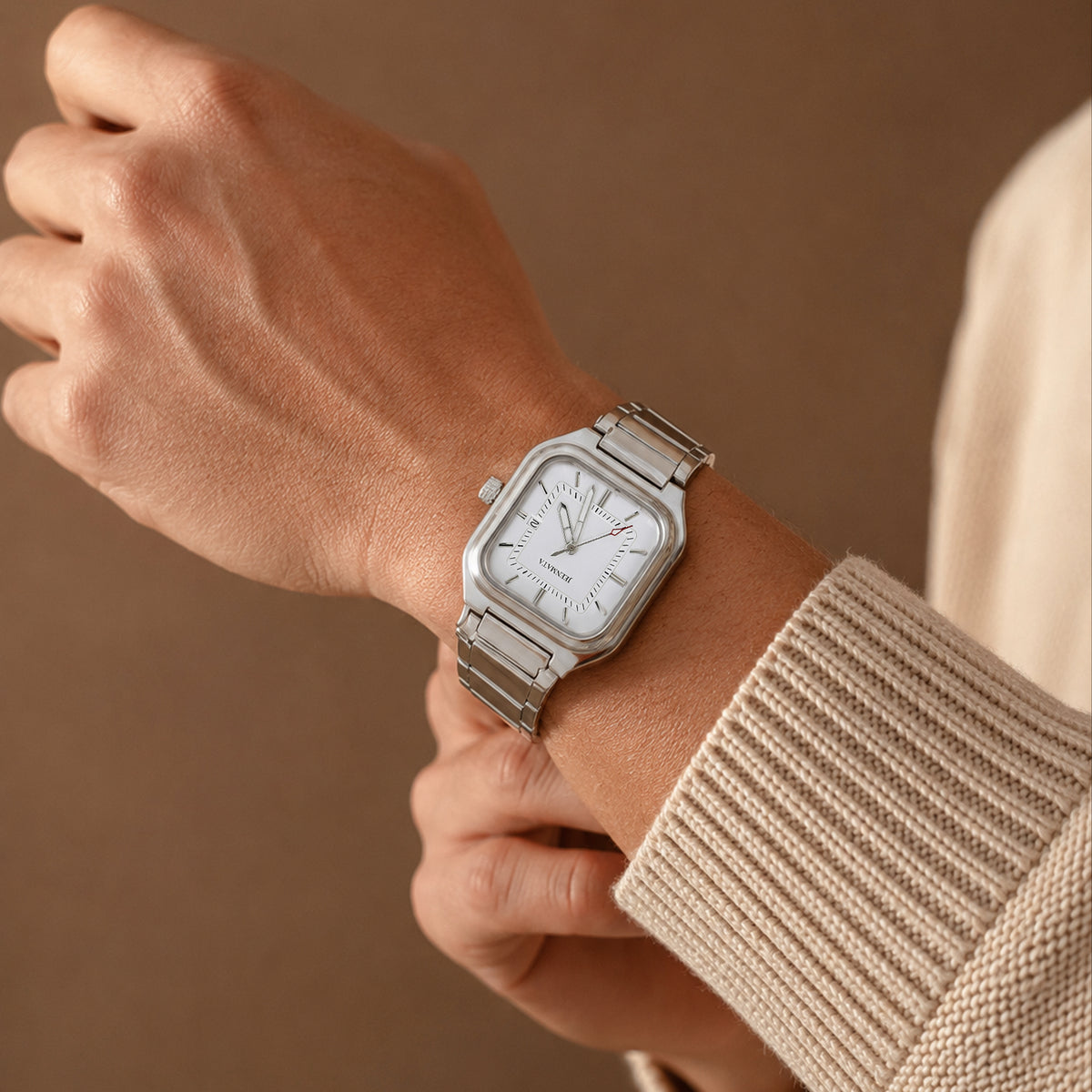 JeenMata Men’s Square Stainless Steel Watch, Water Resistant White Textured Dial with Date Window