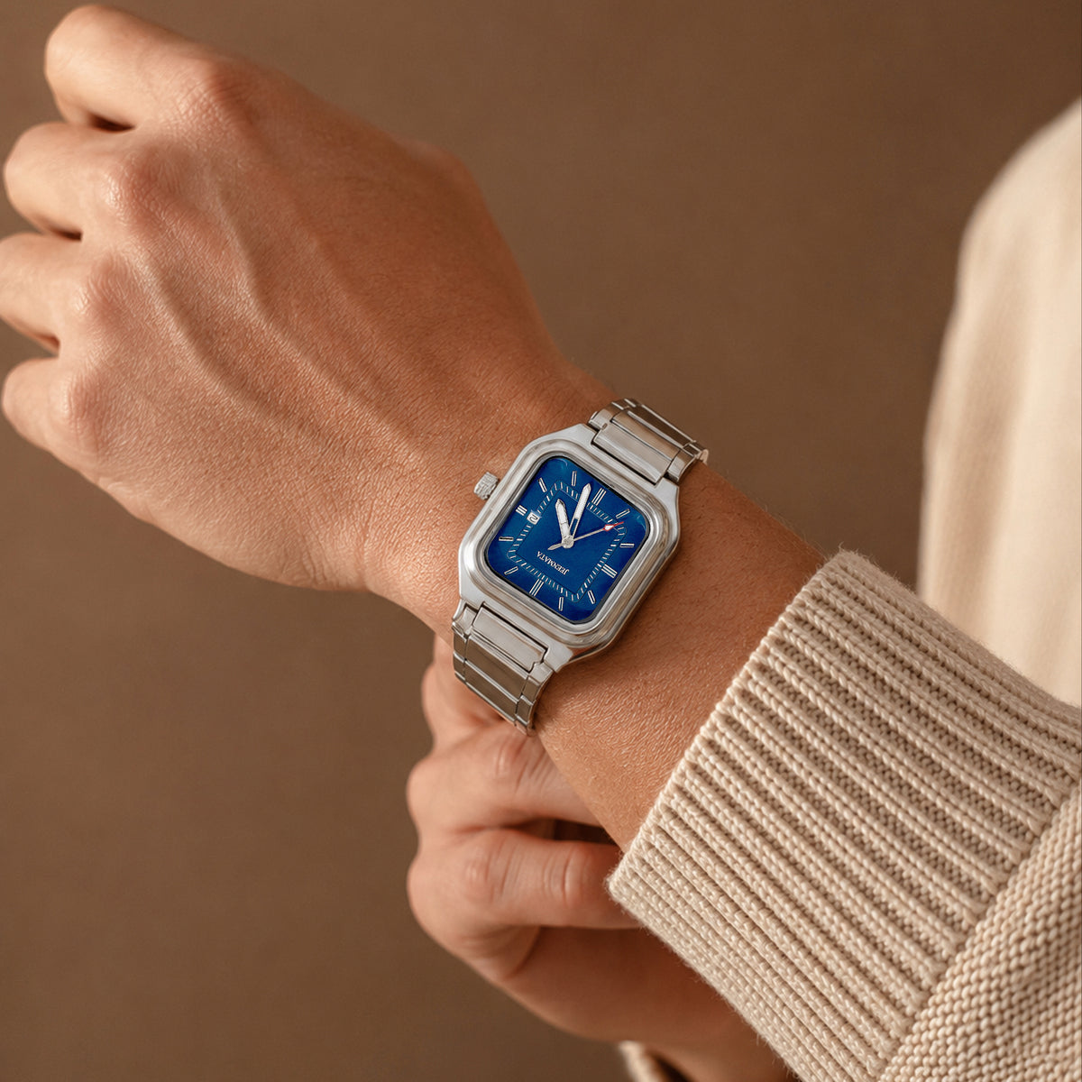JeenMata Men’s Square Stainless Steel Watch, Water Resistant Blue Textured Dial with Date Window