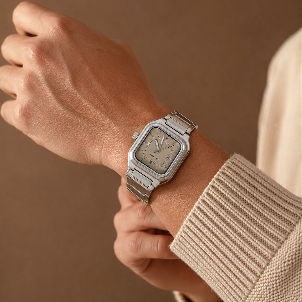 JeenMata Men’s Square Stainless Steel Watch, Water Resistant Beige Textured Dial with Date Window