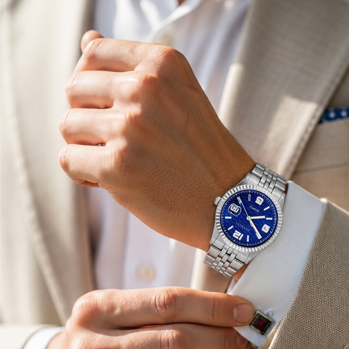 JeenMata Men’s Stainless Steel Fluted Bezel Watch, Water-Resistant Sunray Blue Dial with Date & Cyclops Lens