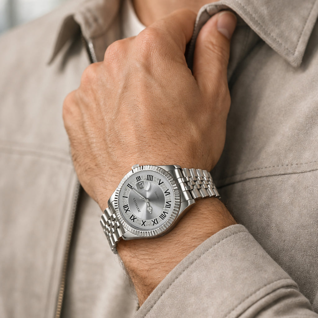 JeenMata Men’s Stainless Steel Watch, Water-Resistant White Dial with Roman Numeral Inner Bezel & Date