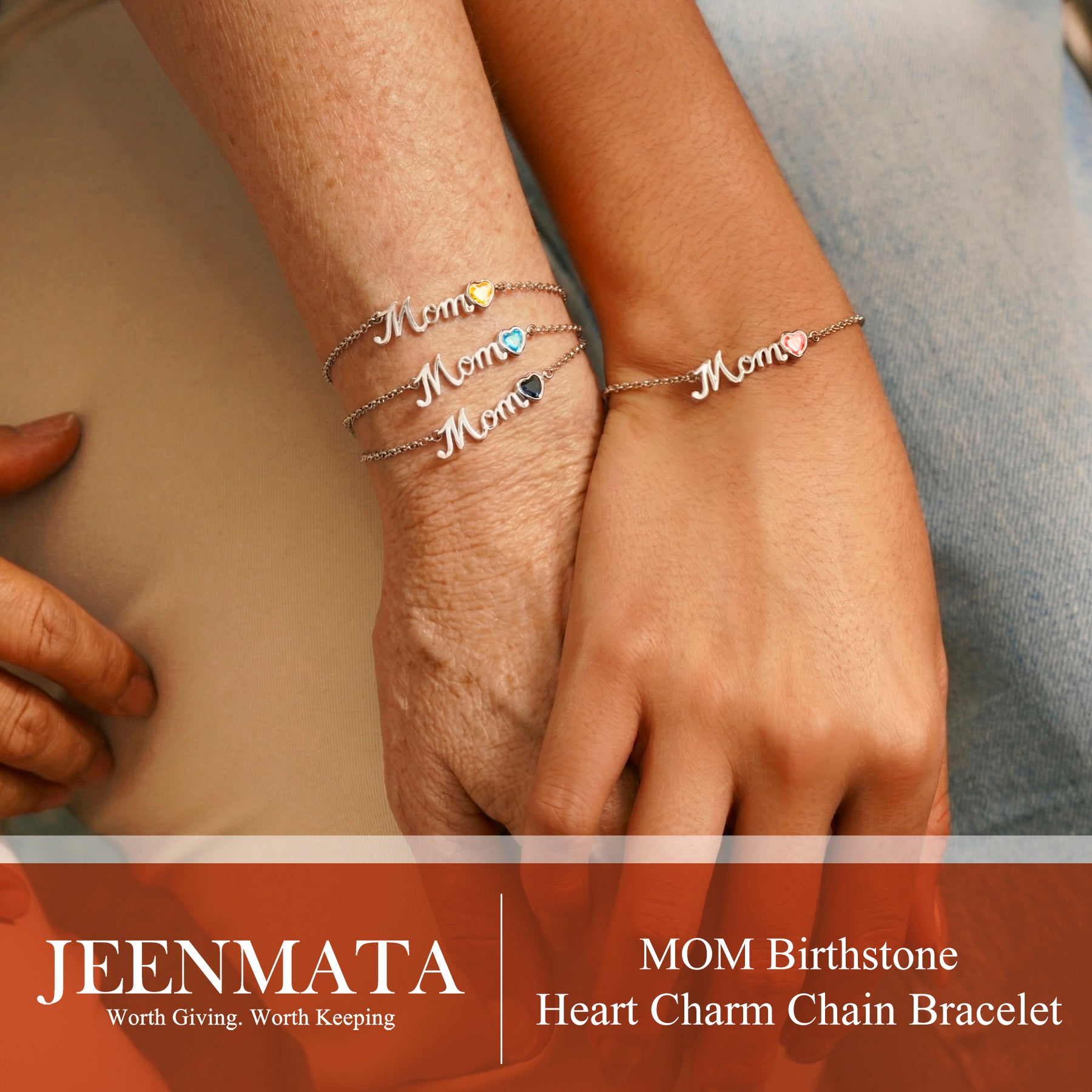 JeenMata MOM May Emerald Birthstone - Heart Charm Chain Bracelet in 18K White Gold Plating for Women, Mother’s Day Gift
