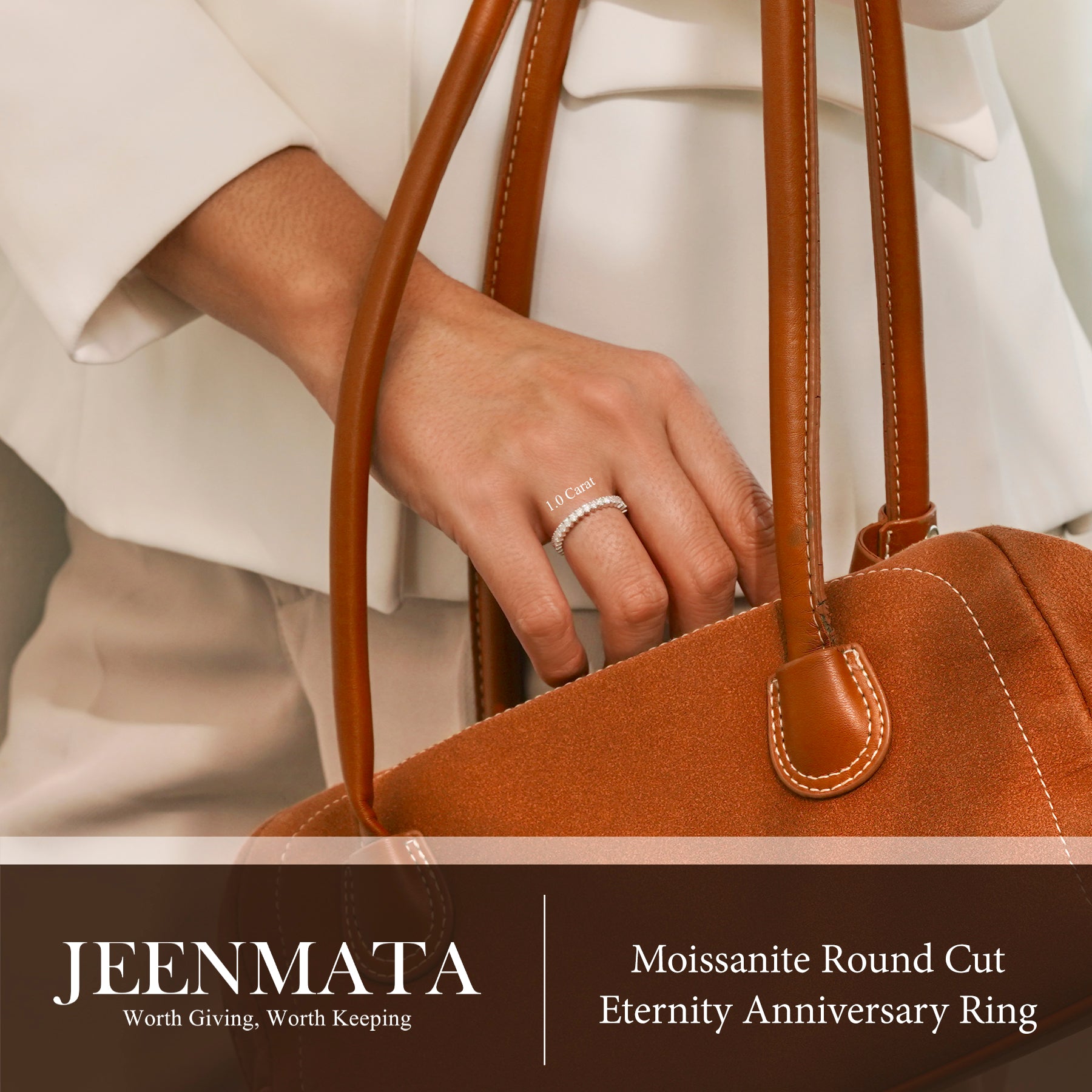 JeenMata 1 Carat Moissanite Round Cut Eternity Anniversary Ring - Classic Eternity Stackable Wedding Rings in 18K White Gold Plating for Women