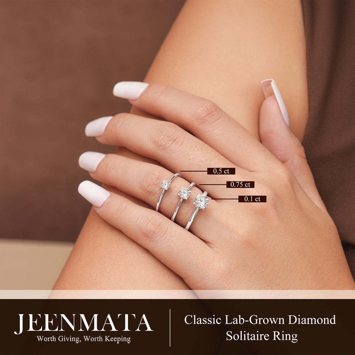 JeenMata Lab Grown Diamond 1 Carat Round Cut Solitaire Engagement Ring in 18K White Gold Plating for Women