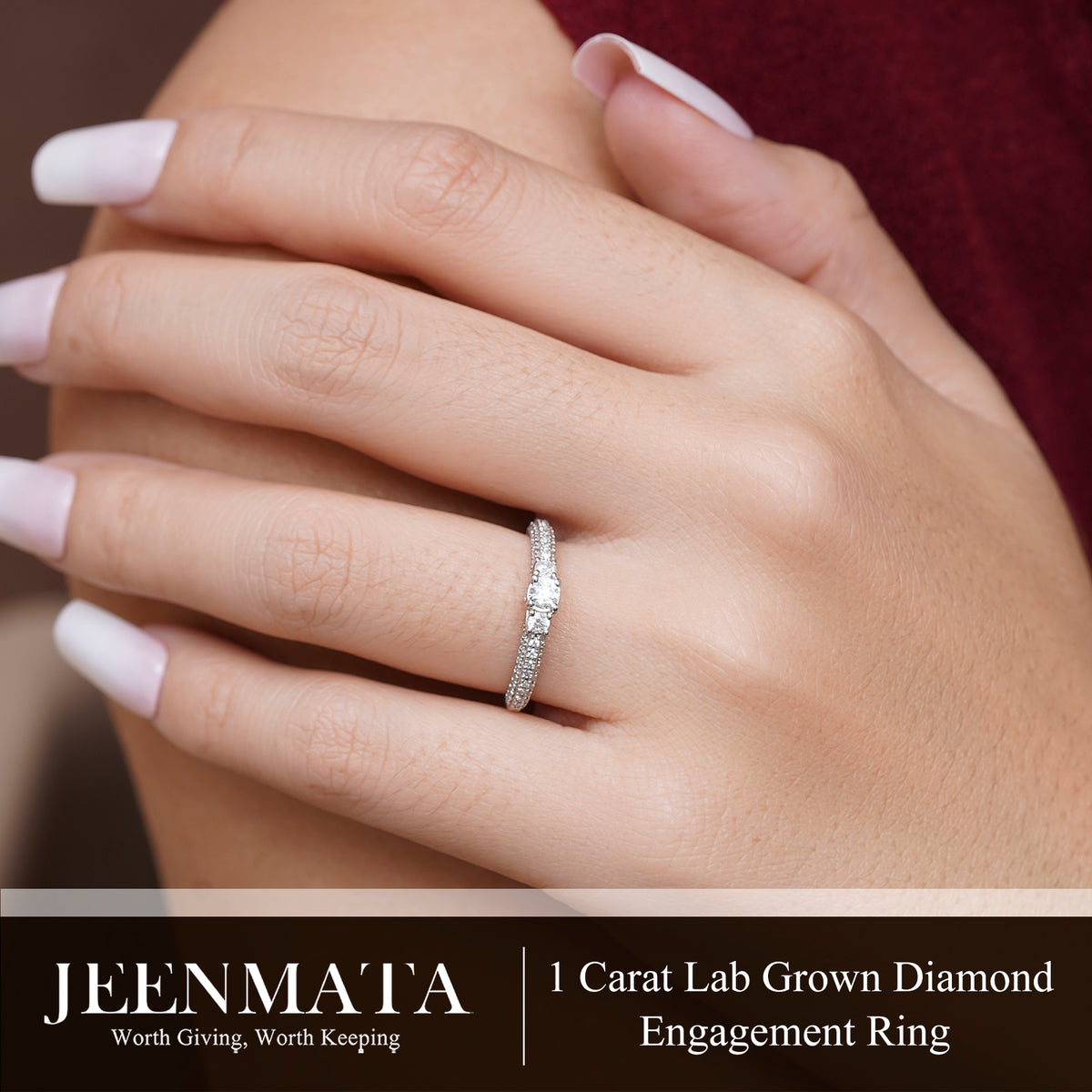 JeenMata 1 Carat Round Cut Lab Grown Diamond Classic Three Stones Engagement Ring - Vintage Style Micro Pave Wedding Ring in 18K White Gold Plating for Women