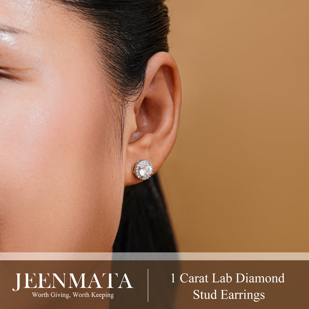 JeenMata Lab Grown Diamond 1 Carat Round Brilliant Cut Halo Stud Earrings in 18K White Gold Plating for Women