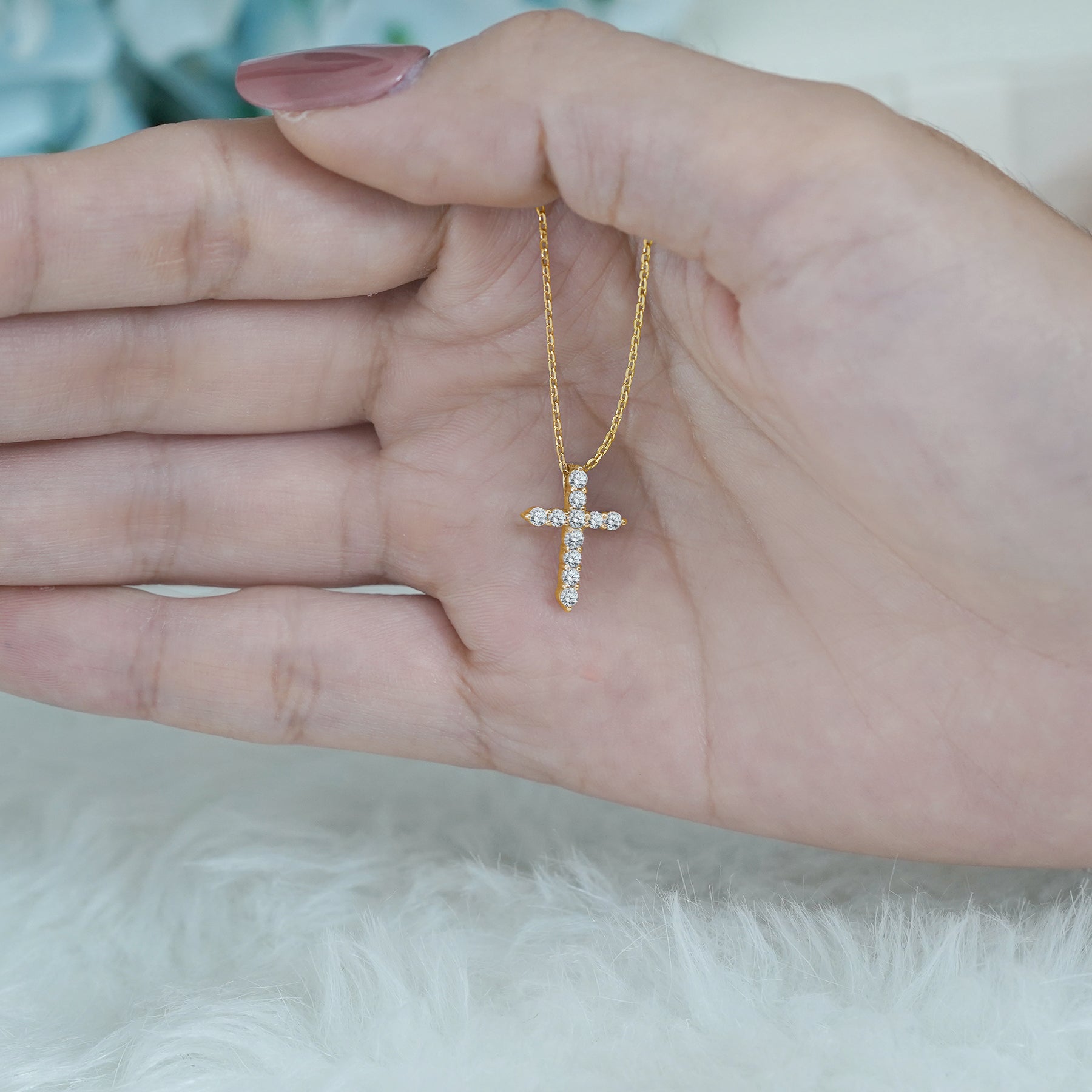 Certified Lab Grown Diamond Cross Pendant Necklace in 18K Rose Gold over Silver