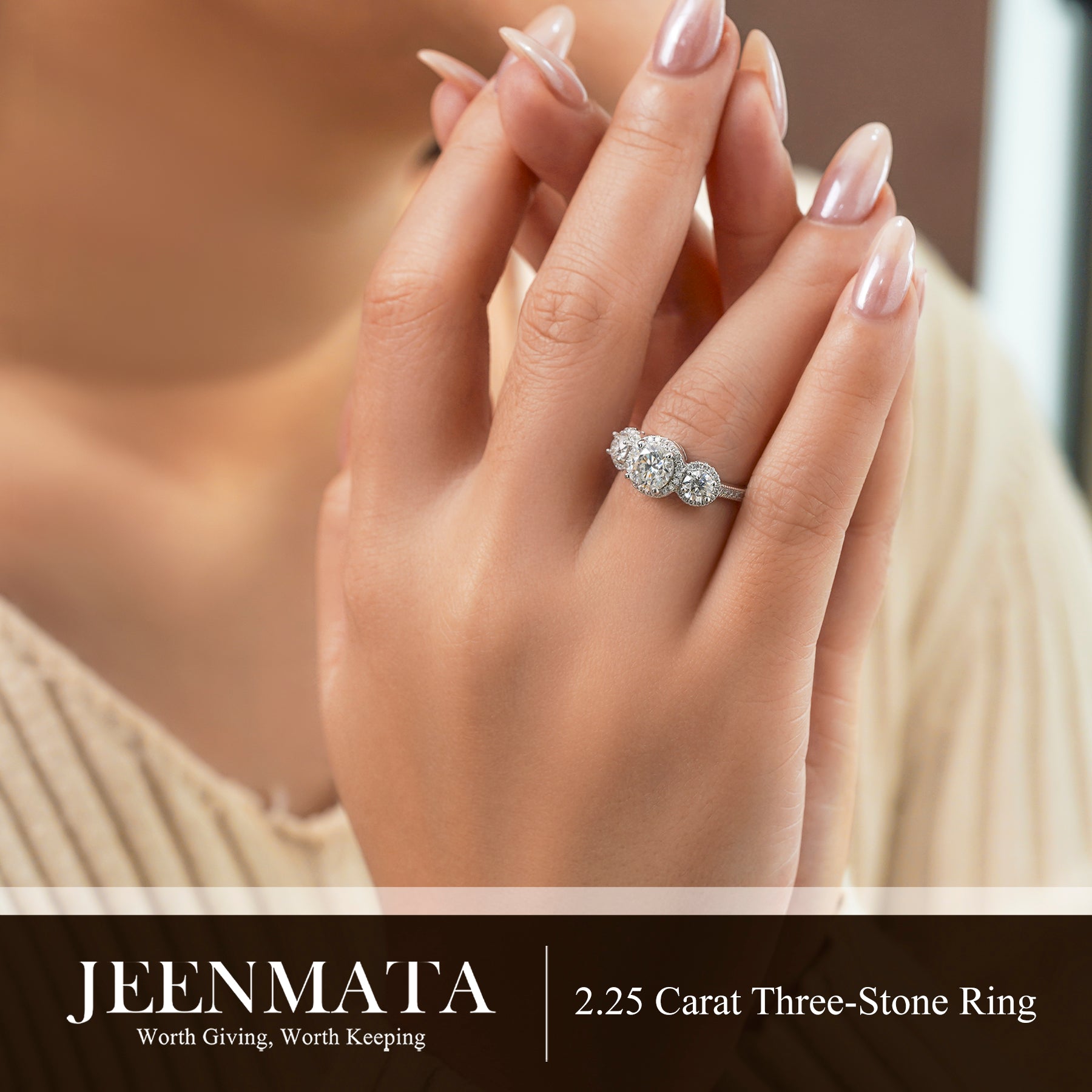 JeenMata 2.25 Carat Round Brilliant Cut Moissanite - Three Stone Engagement Rings in 18K White Gold Plating for Women