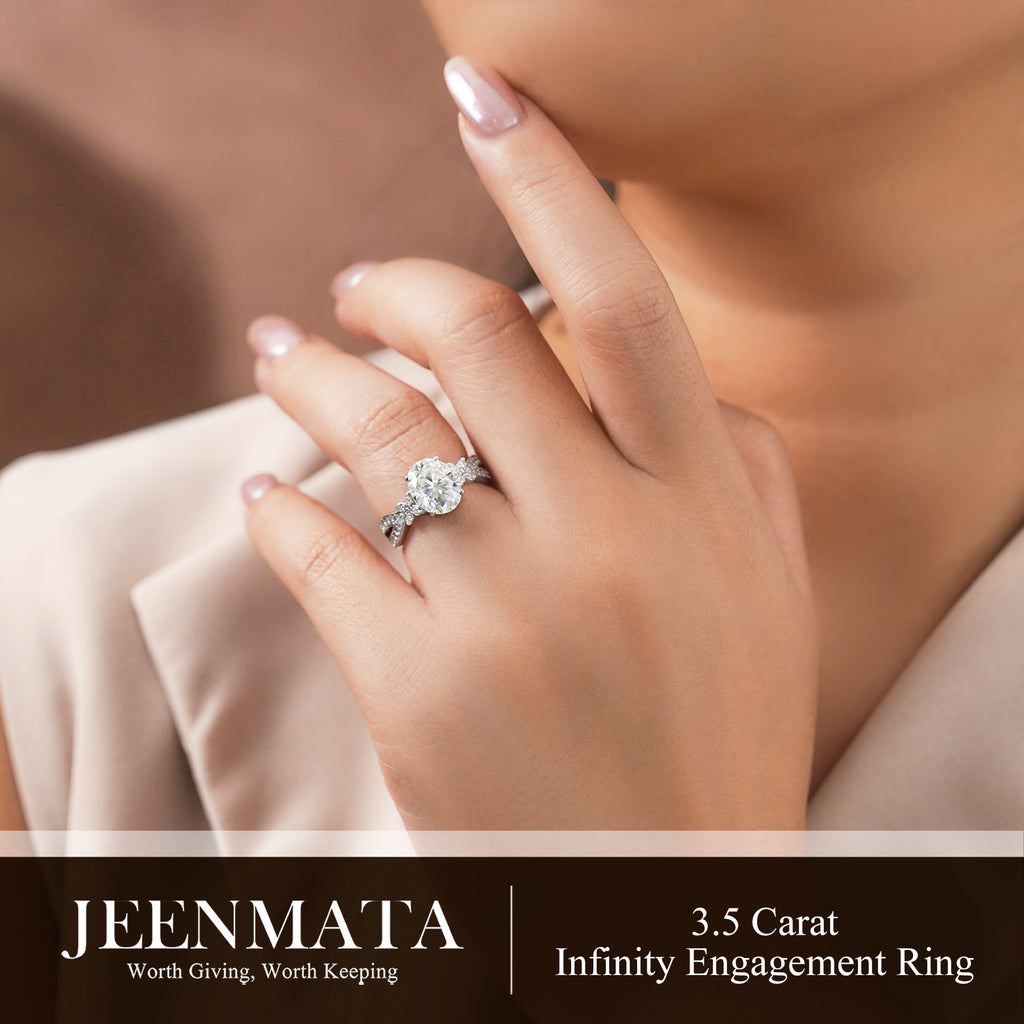 JeenMata 3.5 Carat Oval Cut Moissanite - Butterfly Infinity Engagement Ring in 18K White Gold Plating for Women
