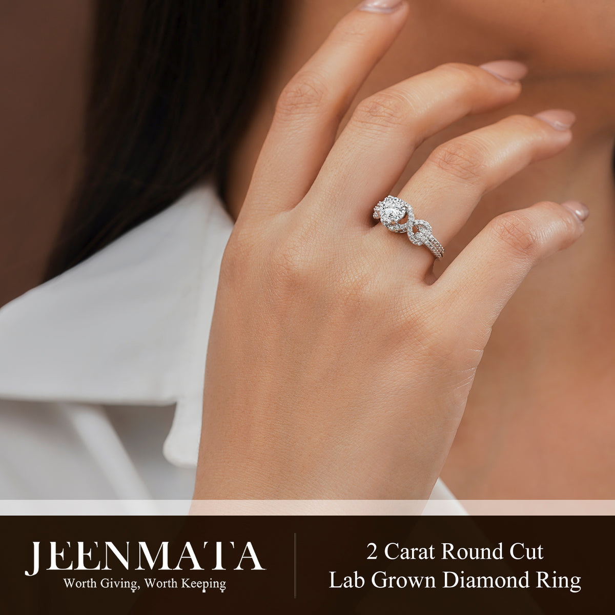 JeenMata 2 Carat Round Brilliant Cut Lab Grown Diamond - Engagement Rings in 18K White Gold Plating for Women