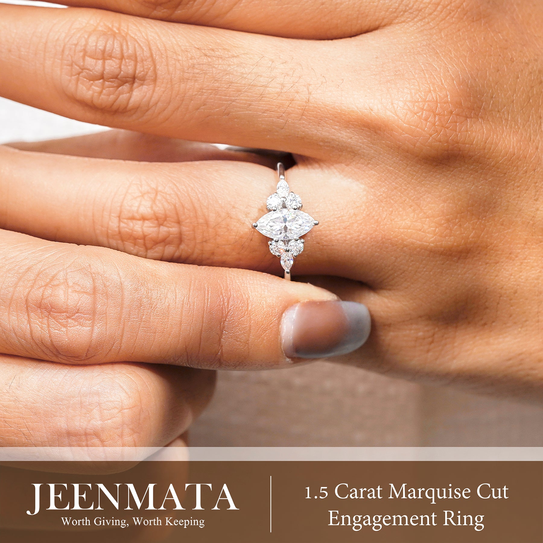JeenMata 1.5 Carat Marquise Cut Lab Grown Diamond - Engagement Rings in 18K White Gold Plating for Women