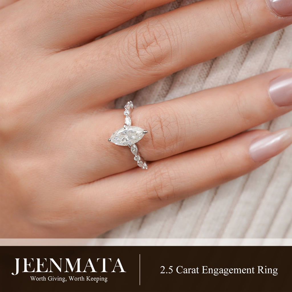 JeenMata 2.50 Carat Marquise Cut Moissanite Engagement Ring for Her, Solitaire Marquise Ring with Round & Marquise Side Stones in 18K White Gold Plating for Women