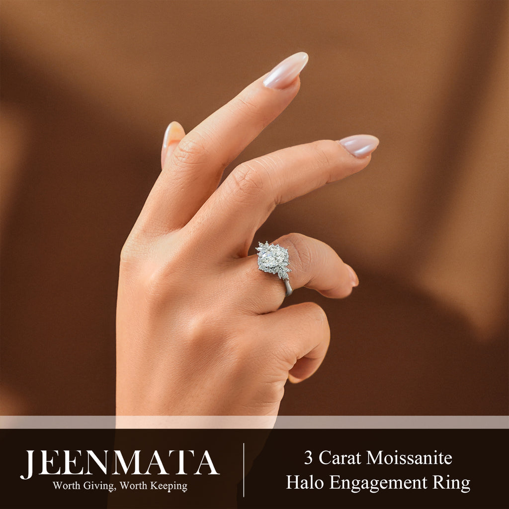 JeenMata 3 Carat Oval Cut Moissanite - Halo Engagement Ring in 18K White Gold Plating for Women