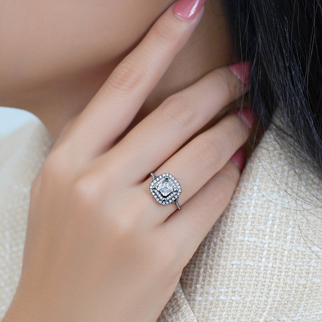 1 Ct Asscher Cut Double Halo Moissanite Engagement Ring