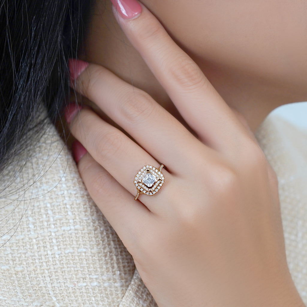 1 Ct Asscher Cut Double Halo Moissanite Engagement Ring