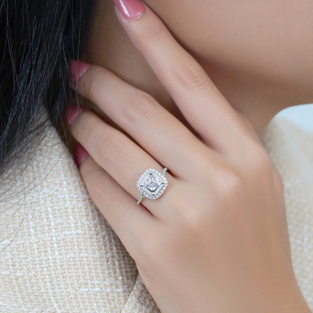 1 Ct Asscher Cut Double Halo Moissanite Engagement Ring