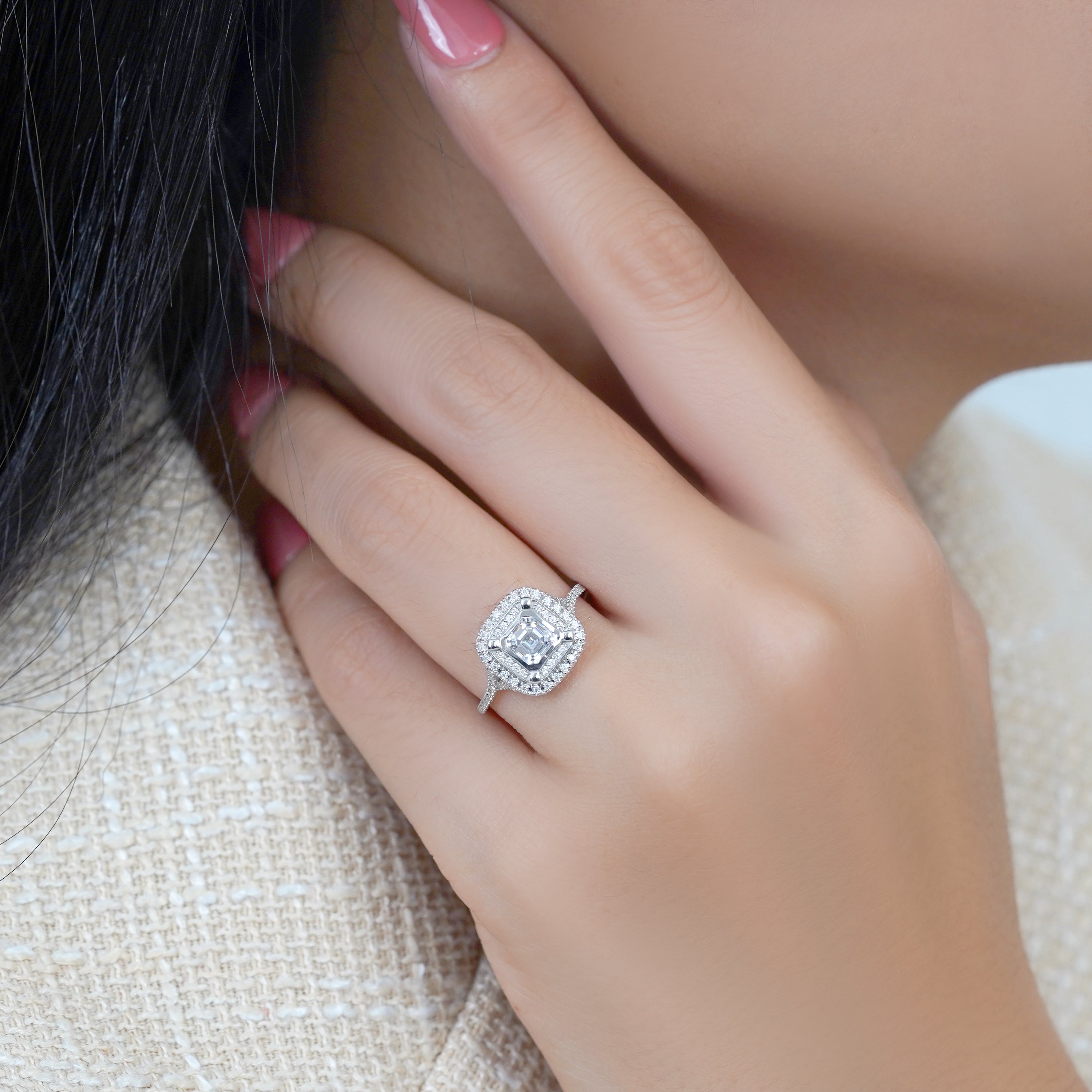 1 Ct Asscher Cut Double Halo Moissanite Engagement Ring