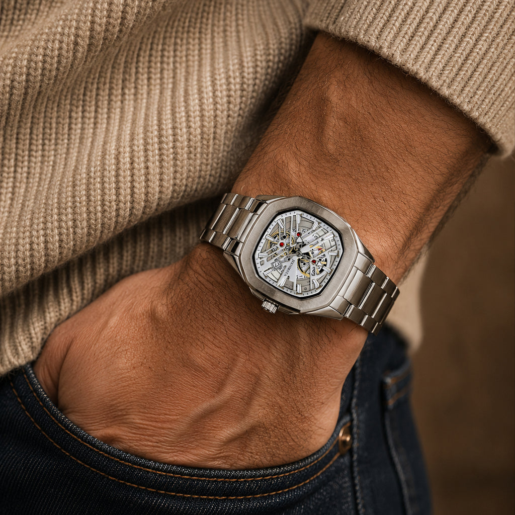 JeenMata Men’s Stainless Steel Octagon Watch, Water-Resistant White Geometric Skeleton Dial