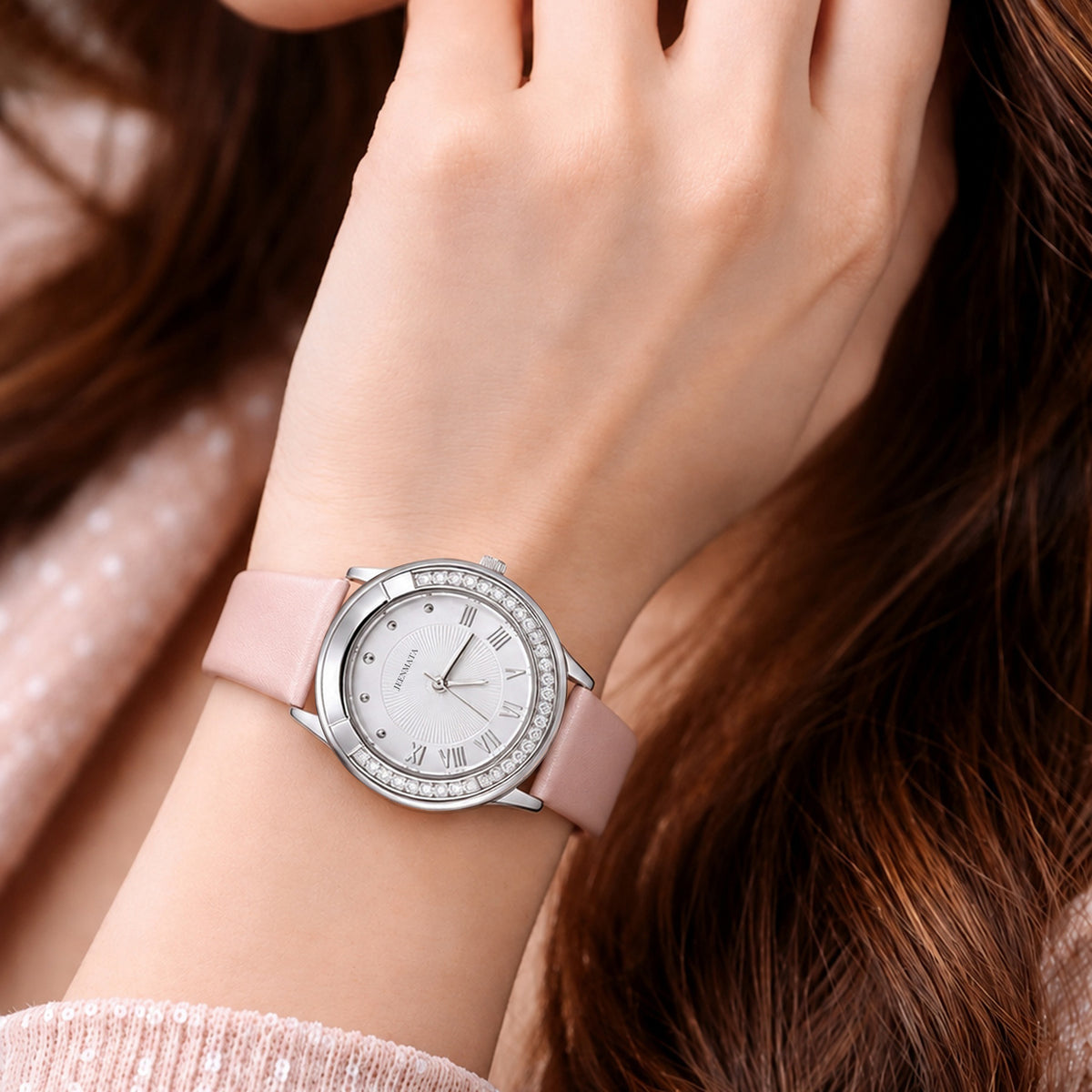 JeenMata Women's Rhinestone Analog Watch - Silver Case with White Dial, Roman Numerals, Water Resistant Soft Pink Strap Wrist Watch