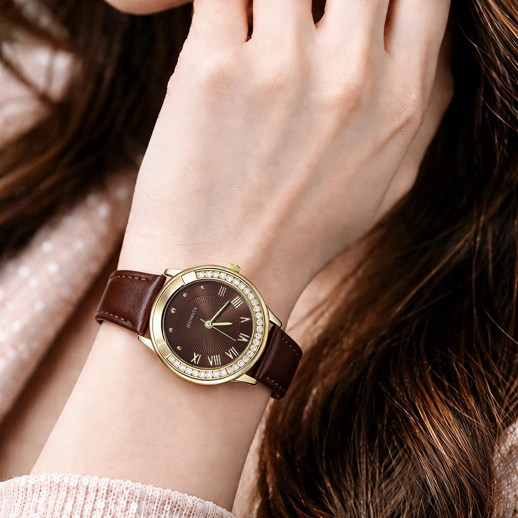 JeenMata Women's Vintage Gold & Brown Watch - Crystal Bezel Gold Case, Deep Brown Dial, Water Resistant Leatherette Wrist Watch