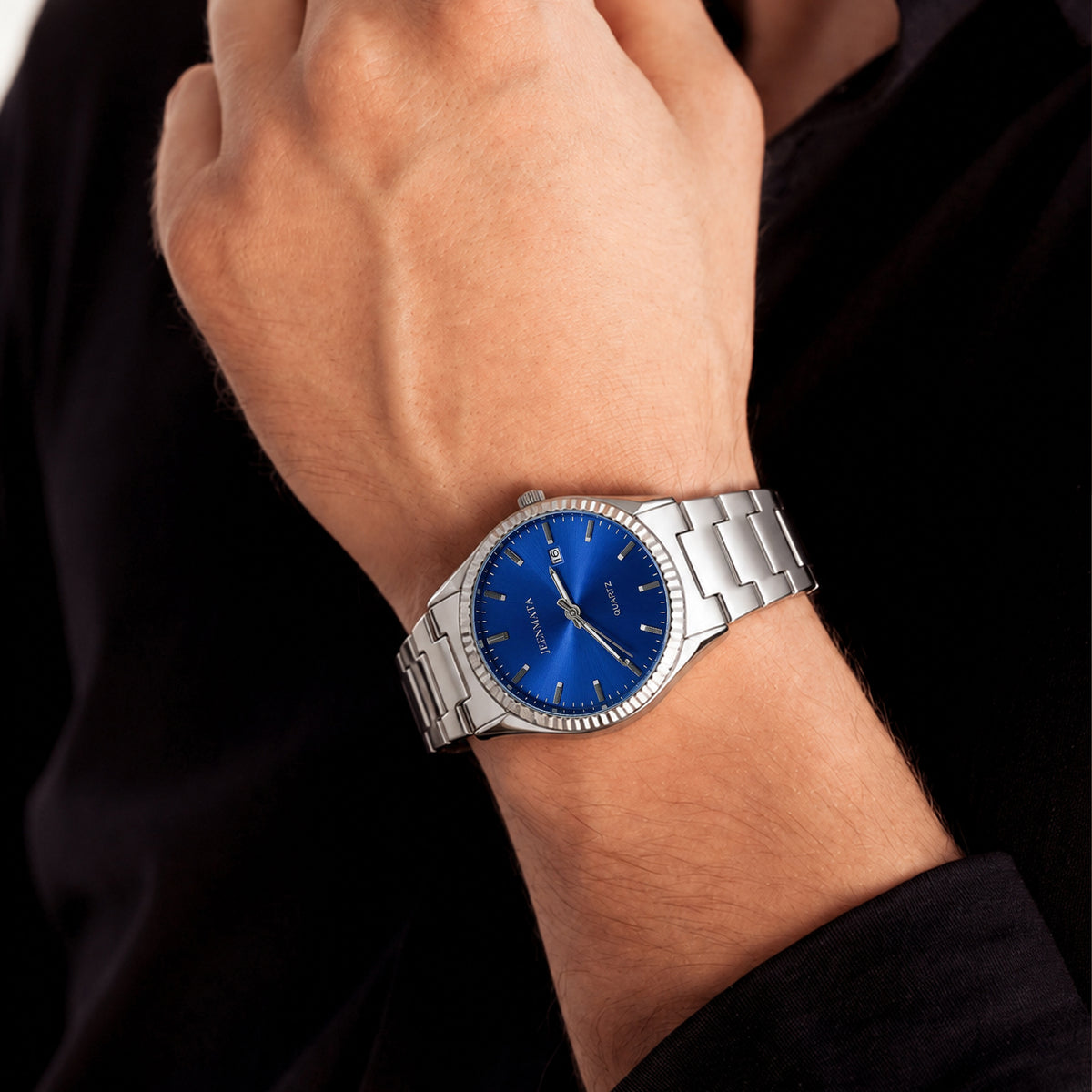 JeenMata Men’s Stainless Steel Integrated Bracelet Watch, Water-Resistant Sunray Blue Dial with Fluted Bezel & Date