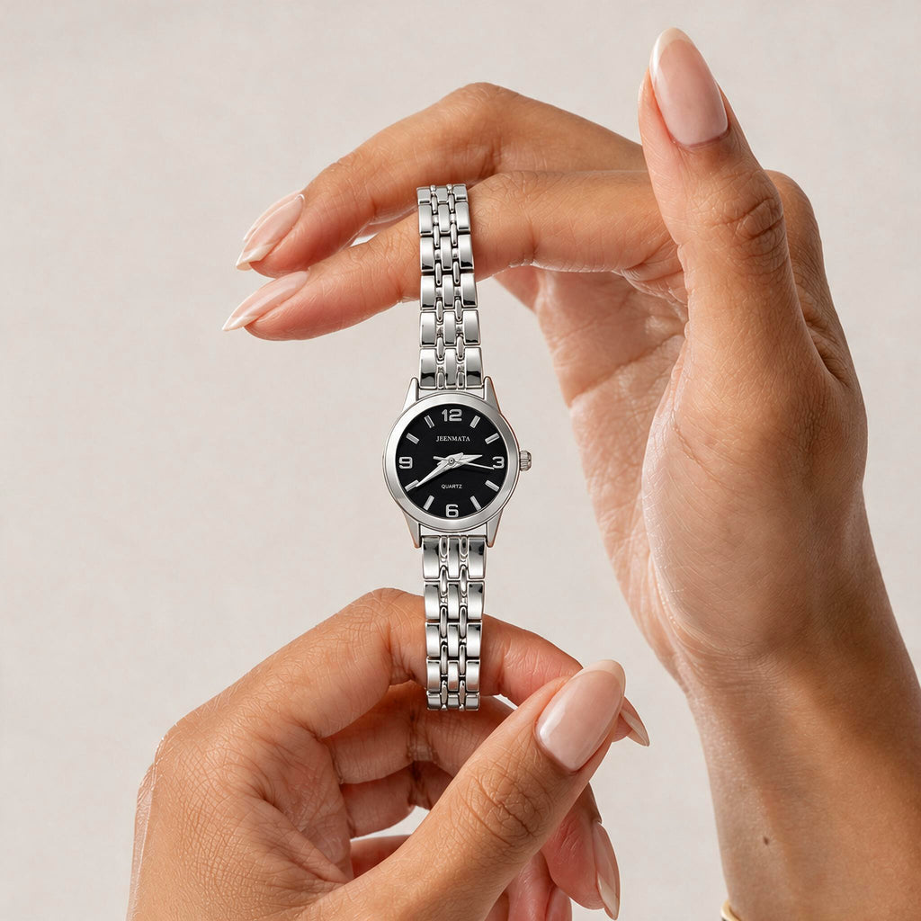 JeenMata Women's Silver & Black Watch - Black Dial with Crystal Markers, Silver Stainless Steel Link Bracelet, Water Resistant Quartz Watch