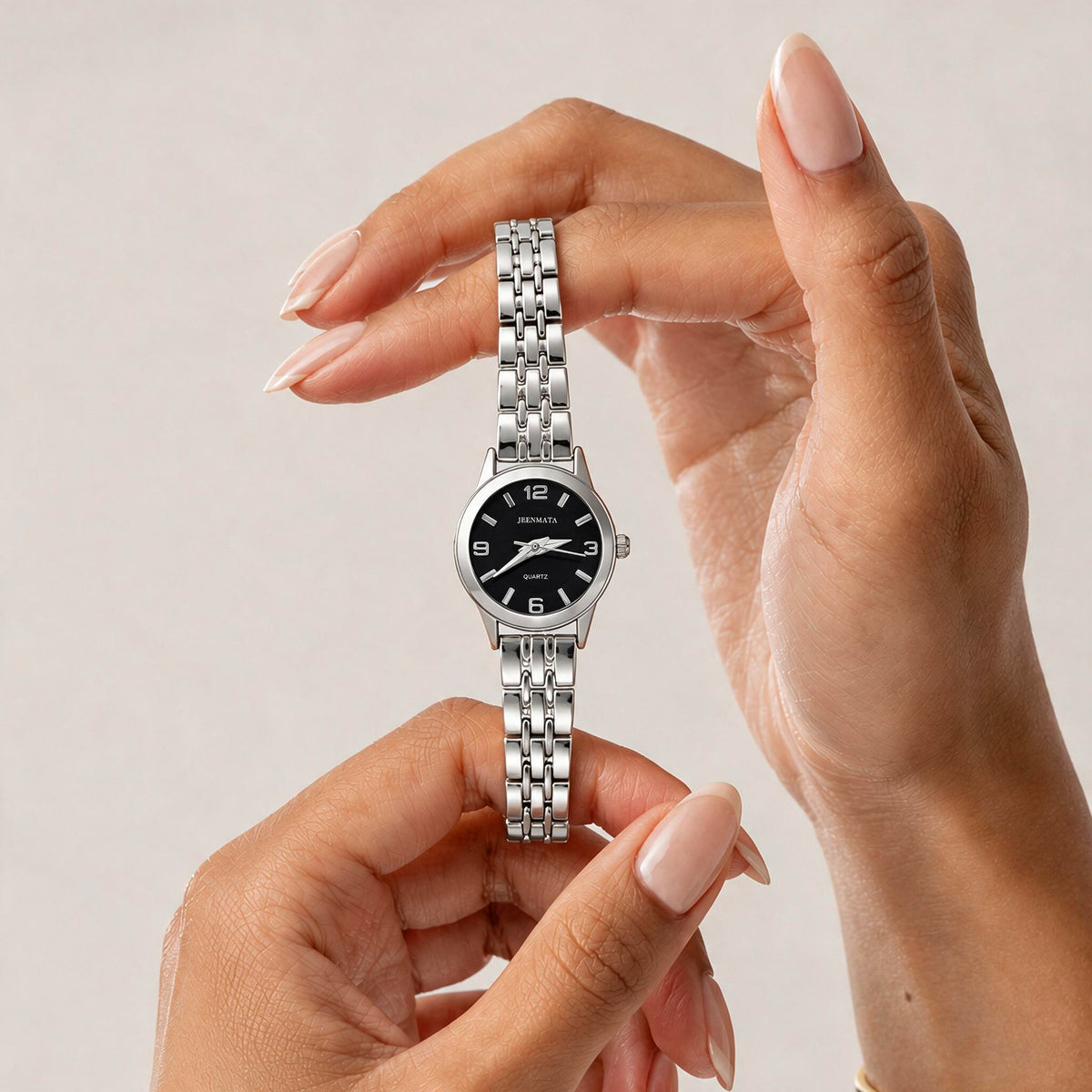 JeenMata Women's Silver & Black Watch - Black Dial with Crystal Markers, Silver Stainless Steel Link Bracelet, Water Resistant Quartz Watch