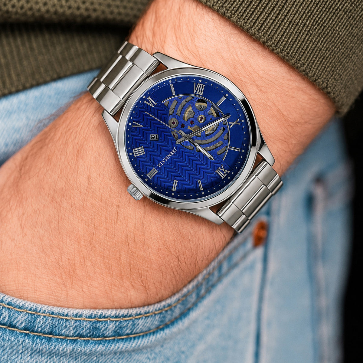 JeenMata Men’s Skeleton Dial Stainless Steel Watch, Water-Resistant Blue Dial with Roman Numerals