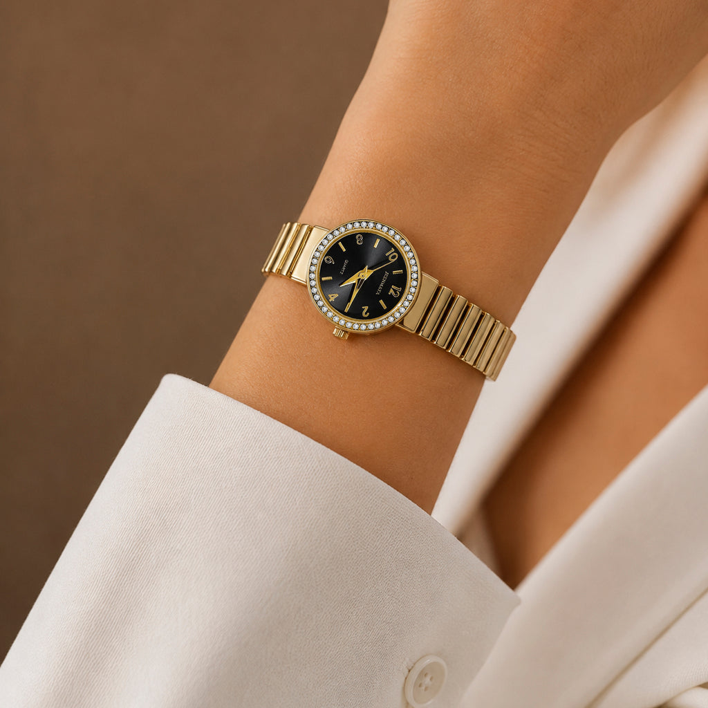 JeenMata Women's Gold & Black Expansion Watch - Black Dial with Rhinestone Bezel, Gold Stainless Steel Stretch Band, Water Resistant