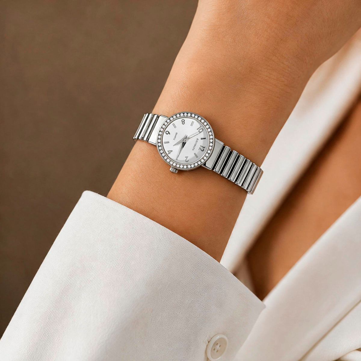 JeenMata Women's Classic Silver Stretch Watch - Crystal Bezel Silver Stainless Steel Expansion Band, White Dial, Water Resistant