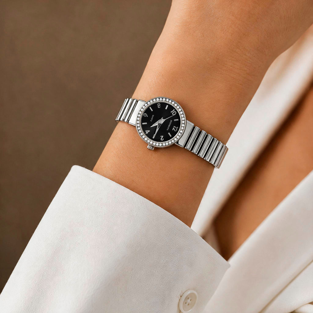JeenMata Women's Rhinestone Expansion Watch - Silver Stainless Steel Stretch Band, Black Dial with Full Numerals, Water Resistant Quartz Watch