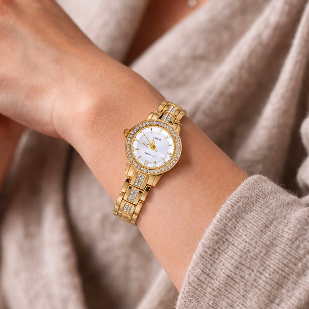 JeenMata Women's Gold & White Iced Watch - Crystal Bezel & Gold Link Strap, White Dial, Water Resistant Luxury Wrist Watch
