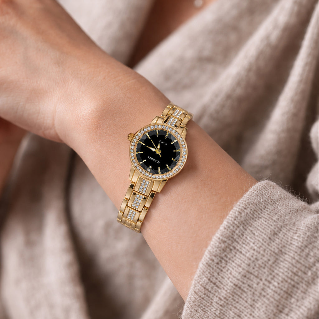 JeenMata Women's Gold & Black Dress Watch - Rhinestone Accent Bezel & Band, Black Dial, Water Resistant Stainless Steel Watch