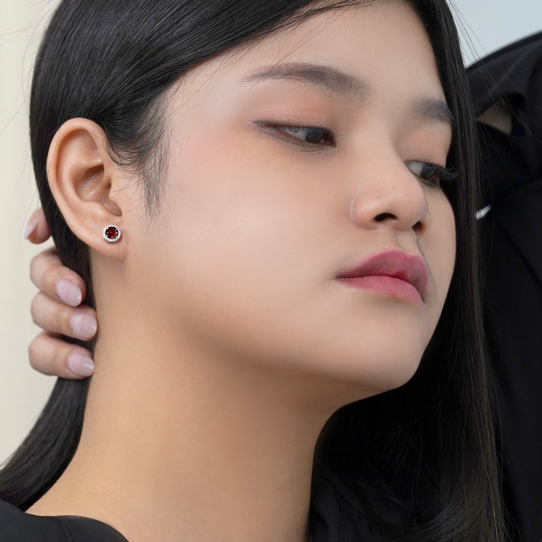 JeenMata 3 Carat - January Garnet Birthstone Halo Stud Earrings - Round Cut in 18K White Gold Plating for Women