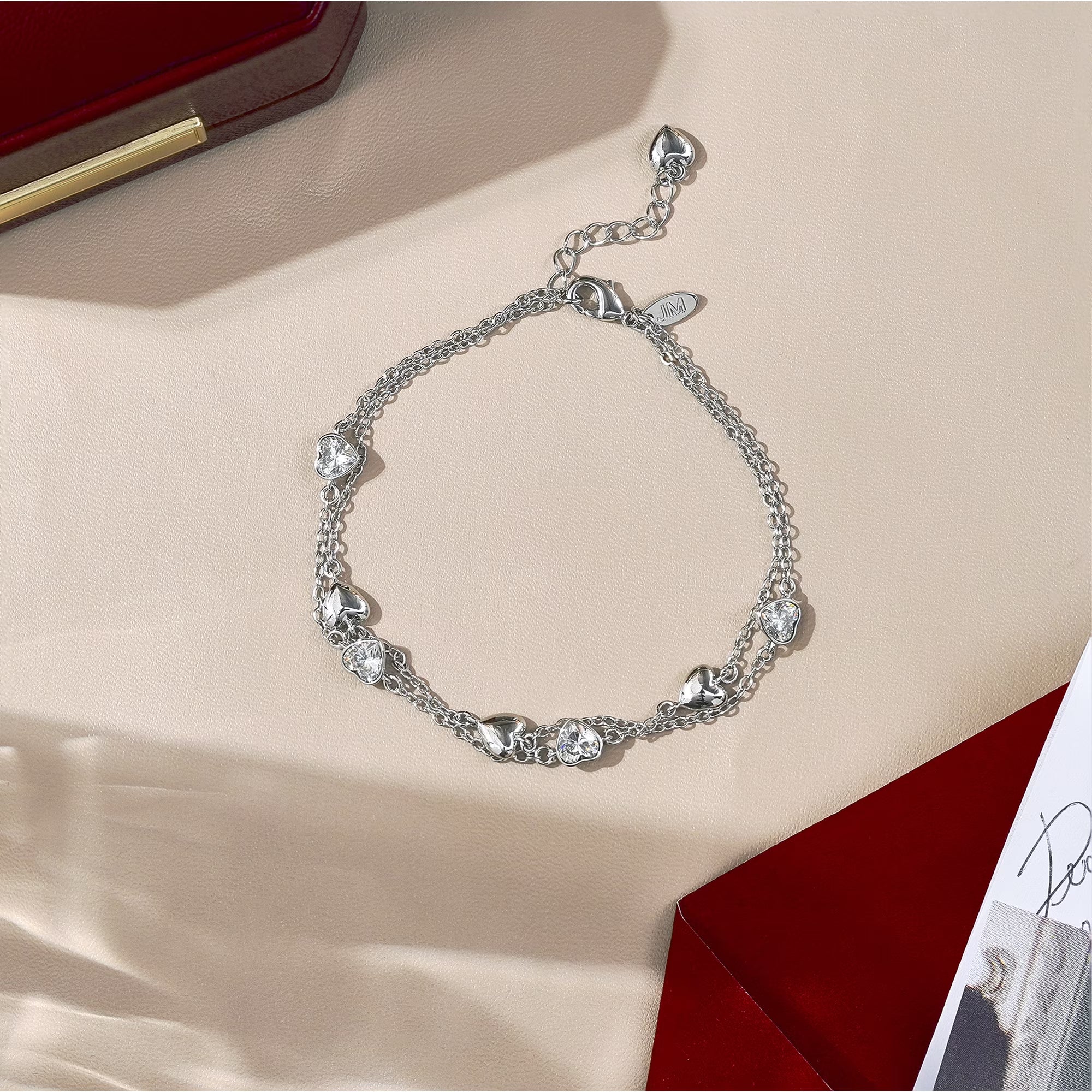 JeenMata 3 Carat April Birthstone Heart Bracelet - Double Heart Bracelet in 18K White Gold Plating for Women
