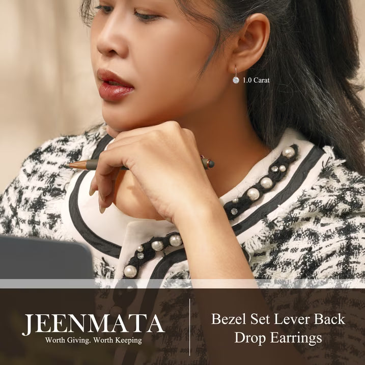 JeenMata 1 Carat Lab Grown Diamond Bezel Set Leverback Drop Earring - in 18K White Gold Plating Earrings for Women, Gift for Girlfriend, Mother, Her