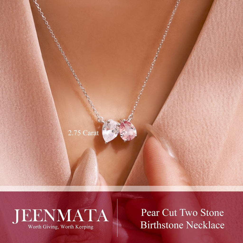 JeenMata 2.75 Carat October Birthstone Necklace - Pear Cut Two Stone Pink Tourmaline & Cubic Zirconia Necklaces in 18K White Gold Plating Gift for Women, Mother, Her