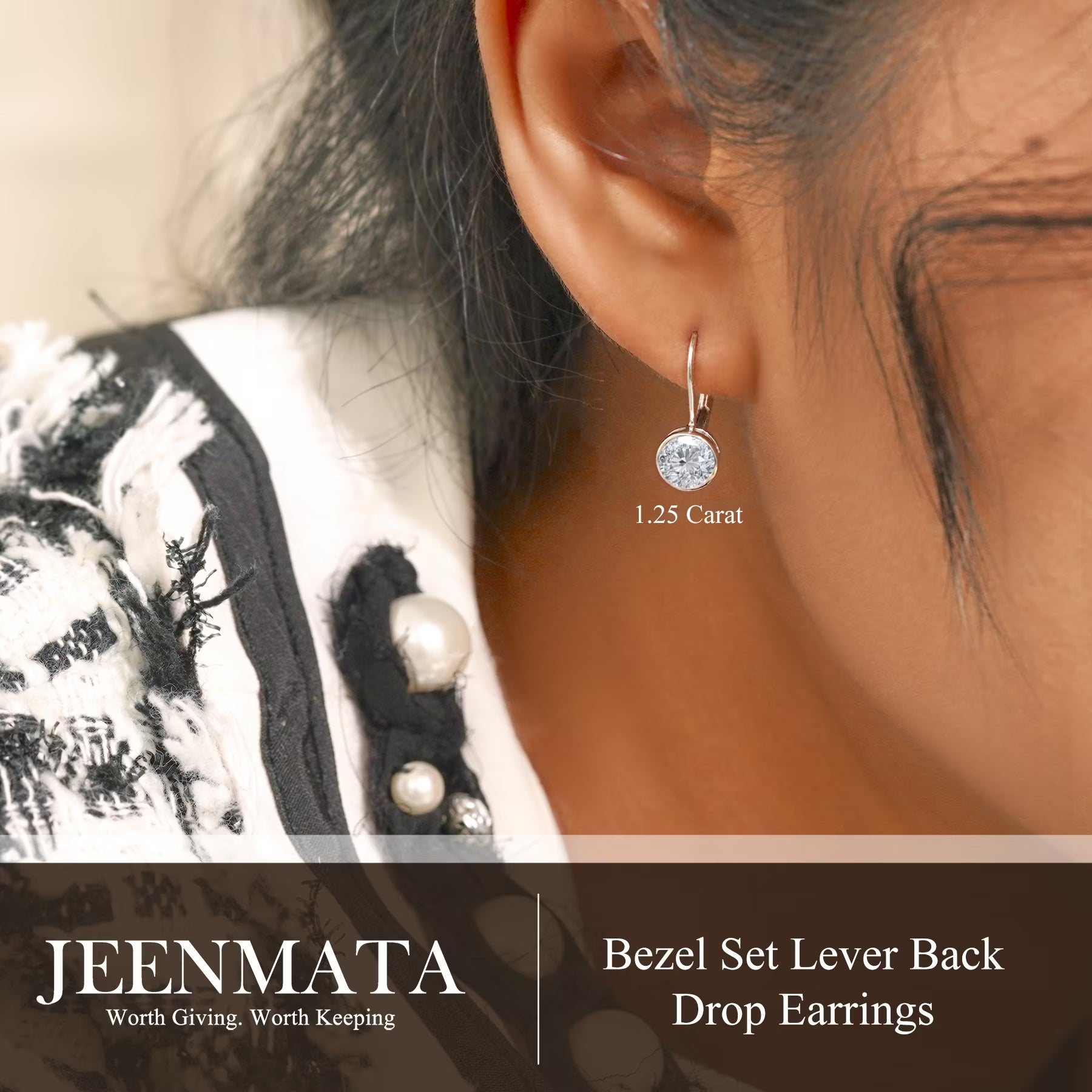 JeenMata 1.25 Carat Lab Grown Diamond Bezel Set Leverback Drop Earring - in 18K White Gold Plating Earrings for Women, Gift for Girlfriend, Mother, Her