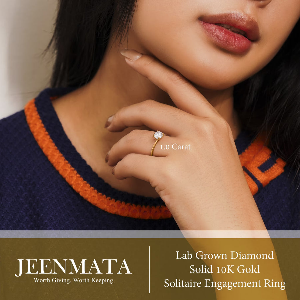 JeenMata Lab Grown Diamond 1 Carat Round Cut Solitaire Engagement Ring in Real Solid 10K Yellow Gold for Women, Gift for Her, Female, Girlfriend